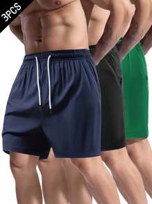 3 pezzi/confezione Pantaloncini da uomo con vita con coulisse, tinta unita, leggeri ad asciugatura rapida, adatti per uso quotidiano, escursionismo, corsa, esercizi estivi