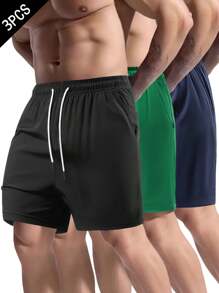 3 pezzi/confezione Pantaloncini da uomo con vita con coulisse, tinta unita, leggeri ad asciugatura rapida, adatti per uso quotidiano, escursionismo, corsa, esercizi estivi