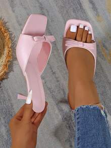 女士粉色蝴蝶装饰高跟凉鞋，优雅户外高跟凉鞋，适合搭配情人节连衣裙 - 粉色 - 查看 2