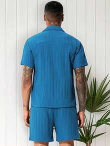 2 piezas Conjunto de camisa de Verano para hombre,  Estilo caballero vintage casual,  cómodo y versátil - Azul oscuro - Ver 6