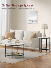 Coffee Table, Living Room Table, Sofa Cocktail Table Faux Marble Round, Tempered Glass Storage Shelf, Easy To Assemble, Modern Style, For Living Room, Marble White And Ink Black - White - View 2
