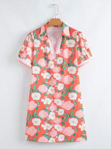 Acelitt Summer Multicolored Plant Flower Print Contrasting Lapel Short Sleeved Dress For Vacation And Leisure