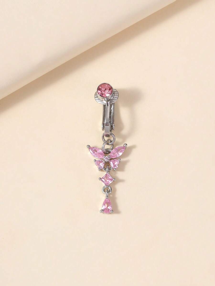 1pc Fake Belly Button Piercing Ring With Rhinestone Butterfly Design, Jewelry For Women - Pink - View 1
