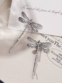 2个装女士复古银色蜻蜓发夹，个性化侧刘海夹，日常小发夹，学生用品，发卡，发饰，头部饰品，女士发饰 - 復古銀色 - 查看 6