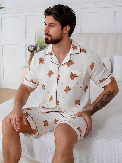 2 Pieces Set, Men's Star & Moon Bear All-Over Print Short Sleeve Shorts Pajama Loungewear Set