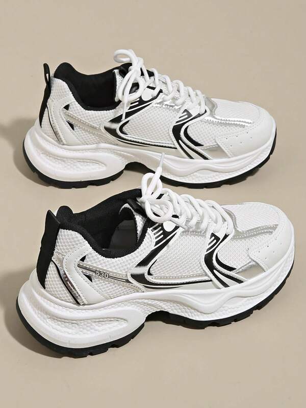 Women's Spring/Autumn New Sports Chunky Sneakers, Mesh Breathable Thick Sole Casual Shoes, Lightweight Versatile Fashion Lace-Up Sneakers, White/Grey, Athletic Running Shoes