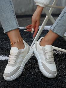 1 Par de Tênis Estilosos e Simples de Mulher em Bloco de Cores Brancos, Sapatos Casuais de Moda Leves, Antiderrapantes e Confortáveis, Versáteis para Ir e Vir, Lazer, Esportes, Exterior, Novos Lançamentos 2025