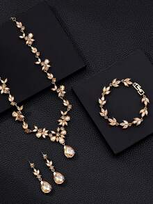 A Set Of 4 Pieces/Pieces Of Fashionable And Elegant Alloy Rhinestone Glass Necklace, Earrings And Bracelet Jewelry, Suitable For Women's Weddings, Banquets, Balls And Parties - Rượu sâm banh - Xem 4