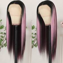 Purple Color Lace Front Wigs Pre Plucked Hairline Long Straight Wigs For Fashion Women Girls Party Daily Wear Glueless Dark Purple Lace Front Synthetic Wigs 13x4 Free Part Heat Resistant Fiber Hair 28 Inch 180% Density - 挑染粉色 - 查看 8