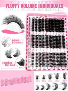 300pcs/Set Artificial Mink Eyelashes, 40D/60D/80D Fluffy Individual Eyelash Extensions, 5D Effect 0.07mm Curled Dramatic Eyelash Extensions 10-18mm Mixed Tray, Makeup Tools, High Volume Personal Eyelash Extension, Suitable For DIY Home Use, Everyday Makeup, Cosplay - D - 查看 7
