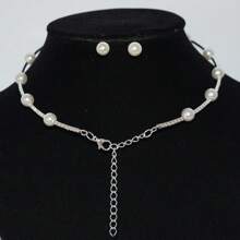 4 Peças Conjunto de Colar, Pulseira e Brincos com Pérola Francesa de Fileira Única, Zircônia, Strass, Acessórios de Vestido de Noiva e Casamento, Colar Gargantilha