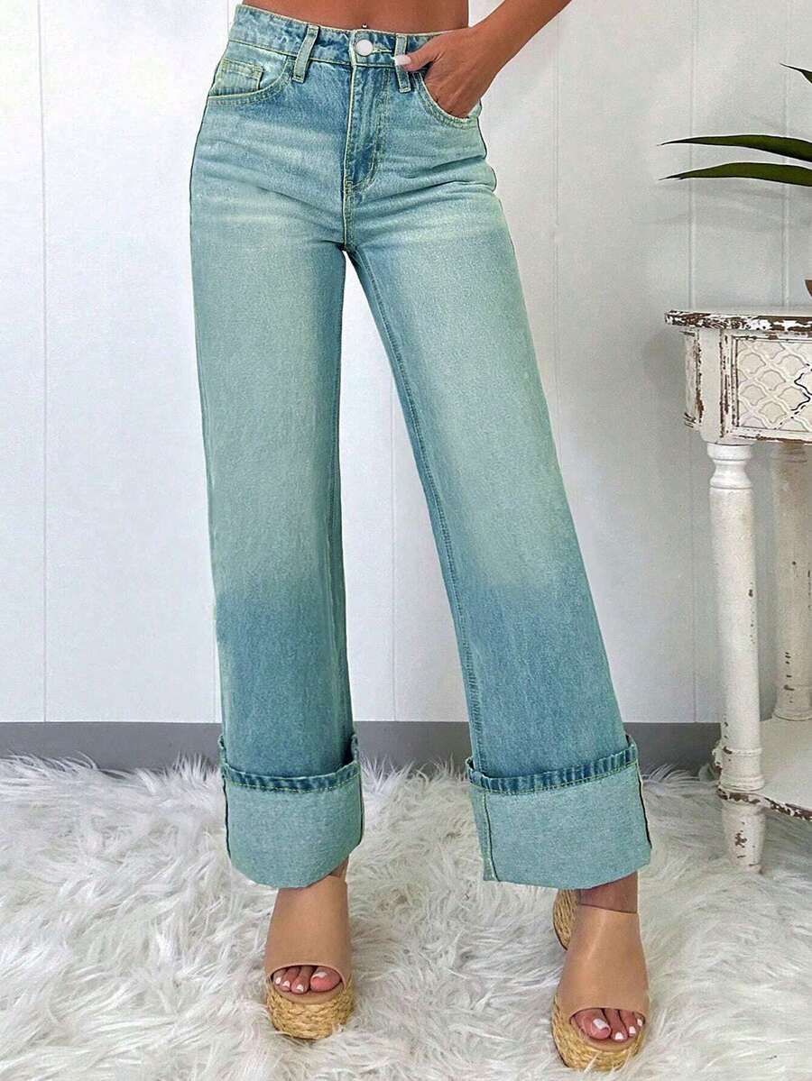 American Street Style Minimalist Casual Straight-Leg Relaxed Fit Women's Washed Denim Jeans - 復古藍 - 查看 1