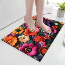1pc Soft Faux Wool Floral Print Bath Mat, Kitchen Mat, Doormat - Super Plush Microfiber, Anti-Slip Quick Dry, Suitable For Kitchen, Bathroom And Decoration