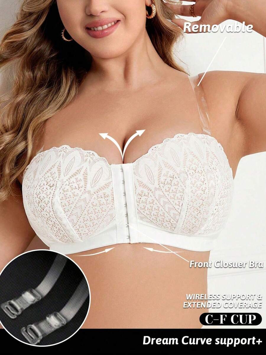Soutien-gorge avec fermeture devant en dentelle et empiècement, grande taille pour femmes. Soutien-gorge matelassé sans fil, doux et confortable, livré avec des bretelles transparentes