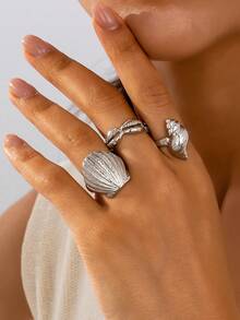 3 件套夸张宽带时尚个性化海滨元素做旧金属贝壳海星设计戒指，适合女士，海滩/度假必备 - 度假款 - 查看 12