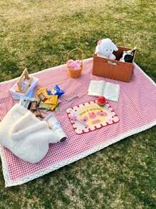 1 pieza Manta de picnic tejida a cuadros rosados, estilo granja americana con encaje, gruesa y de uso múltiple para campamento, playa, sofá, comidas al aire libre y relajación, decoración del hogar