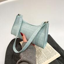 Solid Color Embossed Geometric Zipper Shoulder Bag For Women - Fashion Retro Style Casual Waterproof Handbag Suitable For Office, Work, Business, Commute - Blue - View 1