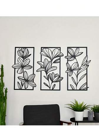 3 PiecesClassic Iron Wall Art Decor, Floral Metal Murals For Bedroom And Living Room - Elegant Flower Wall Sculptures For Modern Home Decoration