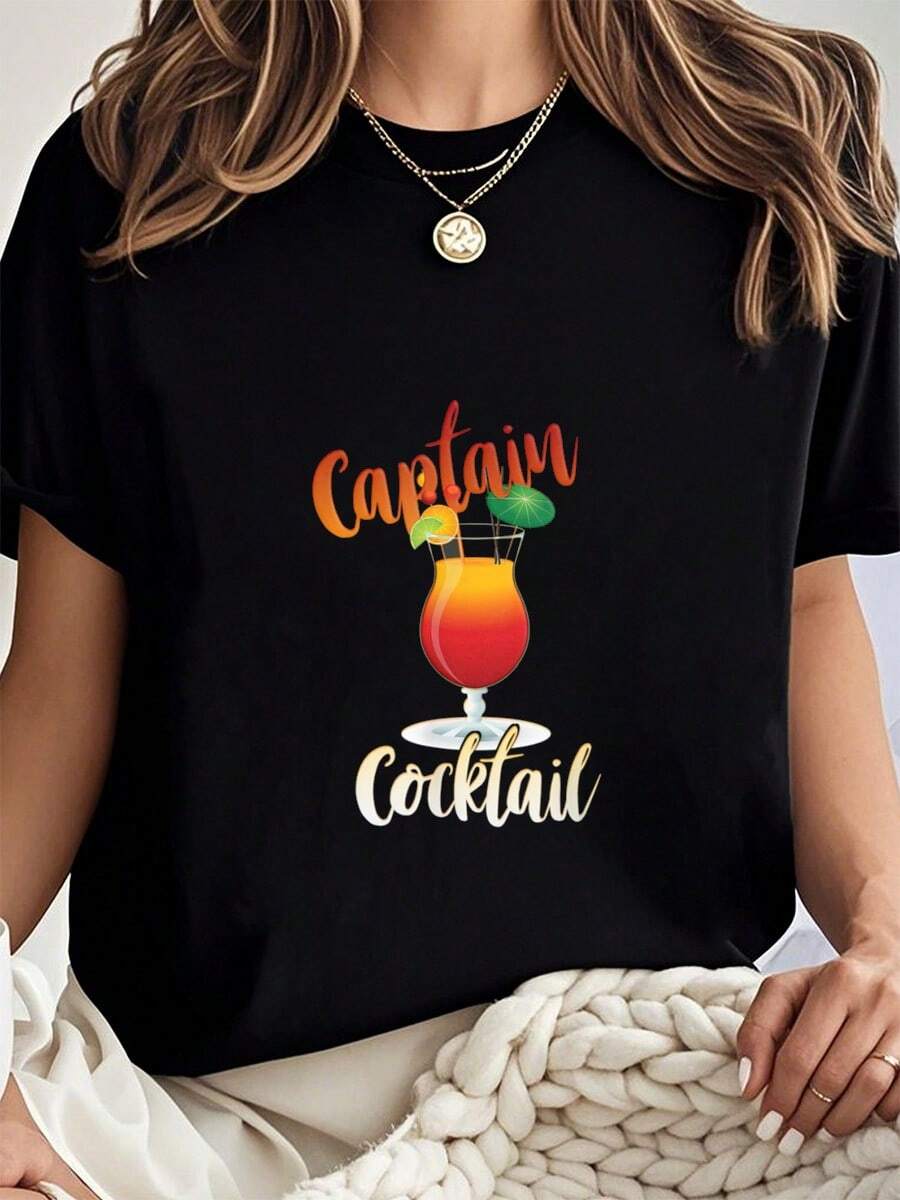 Captain Cocktail Adult Beverage Fruity Drink-Shirt Short-Sleeved Top Summer Tops-Shirt Women - Black - View 1