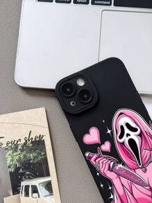 1pc Girly Pink Ghost Face & Heart Shiny Jewel Pattern Transparent Soft Protective Phone Case, Suitable For IPhone 11/12/13/14/15/16/17 Pro Max