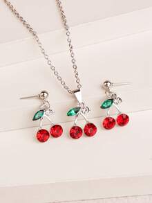 3pcs/Set Fashion Jewelry Set, Including Necklace And Earrings, Silver Tone Cherry Pendant With Rhinestones, Fruit Design Pendant With Rhinestones, Suitable For Ladies Everyday Wear - Multicolor - View 2