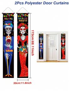 1 Pieza Bandera Mexicana del Día de los Muertos, Diseño de flores festivas y calaveras de azúcar, Pancarta de fondo para decoraciones del Día de los Muertos, Adecuado para decoraciones de fiesta interior/exterior, Opciones versátiles de colgado para porche, puerta, patio interior - Multicolor - Ver 3