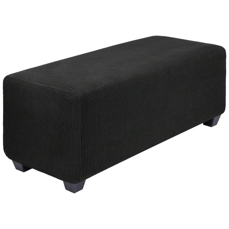 High Stretch Ottoman Cover With Elastic Bottom, Soft Slipcover Jacquard Fabric Small Checks Rectangle Storage Stool Cover Furniture Covers - Black - View 1