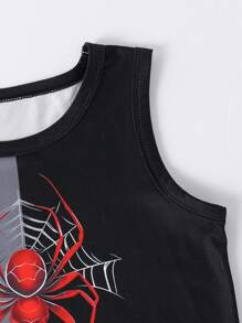 Set de 2 piezas de camiseta sin mangas y shorts estampados con diseño de araña, de estilo deportivo y casual, para niños pequeños, para verano