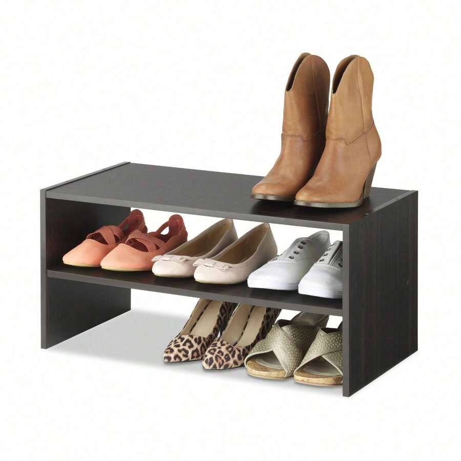 Wood Stackable 2-Tier 9 Pair Shoe Rack - 24-Inch Shoe Organizer Shelf - Espresso# - Black - View 1