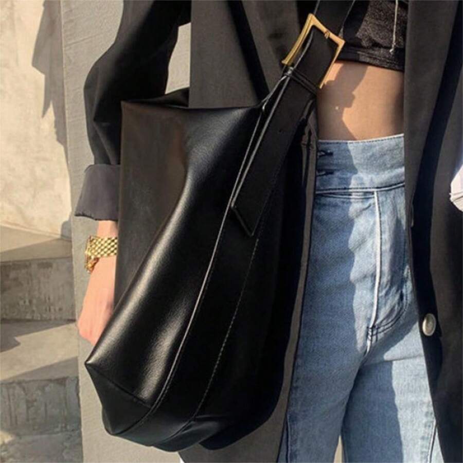 Black Minimalist Leather Shoulder Bag, Large Capacity