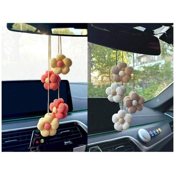 1pc/2pcs Five Petal Flower Car Rearview Mirror Ornament - Handmade Floral Pendant, Women's Cute Floral Rearview Mirror Accessory, Bohemian Style Car Flower Wreath, Spring Garden Themed Gift