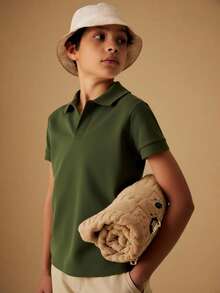 Playera 100% Algodon Cuello V Tipo Polo Manga Corta, Ropa de Niño 6 a 16 Años 110 a 160cm para Adolescentes Juvenil - Verde Oliva - Ver 2