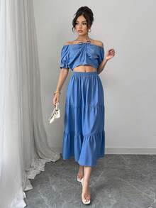 Conjunto de dos piezas lisas para mujer, tops y faldas monocromáticas, nuevos conjuntos de verano - Azul - Ver 3