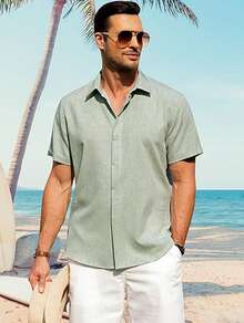 Camisa Casual de verano para hombres de unicolor, Camisa de Lino de Manga Corta - Verde claro - Ver 3