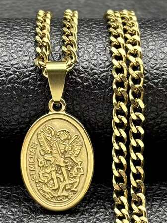 Collar de metal del Arcángel San Miguel, amuleto ortodoxo cristiano de acero inoxidable "Protégeme Santo Ángel"