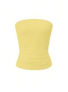 Camiseta sin tirantes básica de ajuste elástico y ceñido de color amarillo mantequilla para uso en todas las estaciones, diseño de moda de verano para el 4 de julio
