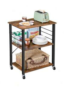 Kitchen Shelf On Wheels, Serving Trolley With 3 Shelves, Microwave Shelf, For Mini Oven, Toaster, With 6 Hooks, Industrial Style, Rustic Brown And Black