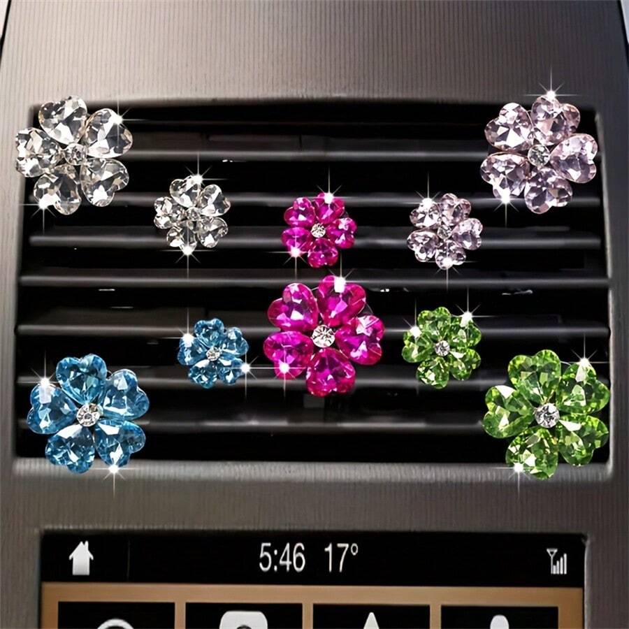 2 件套心形水晶花卉汽车出风口夹，5 种颜色可选，空气清新剂，汽车配件，可爱花卉汽车装饰，女士礼物 - 彩色 - 查看 1