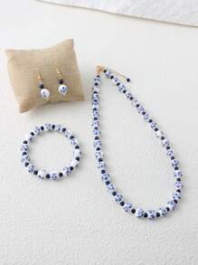 3 Stücke Vintage Keramik Schmuckset, handgefertigtes blau-weißes Porzellan mit Halskette aus Naturstein, Perlenarmband & Ohrringe, geeignet für Damen Alltags- und Festivaloutfits, Frühling/Sommer