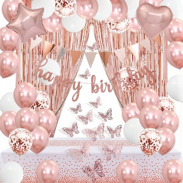 14-Piece Rose Gold Birthday Decor Kit: Includes "Happy Birthday" Banner, Tinsel Curtain Backdrop, 3D Butterflies, Rose Gold Heart Foil Balloons, Star Foil Balloons – Perfect For Women's Birthday Parties, Bridal Showers & Bachelorette Decorations
