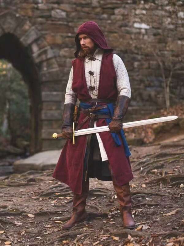 1pc Burgundy, Black, Green Vintage Medieval Open Front Hooded Long Robe Cloak, Suitable For Halloween, Carnival, Party, Stage Costume, Cosplay Viking