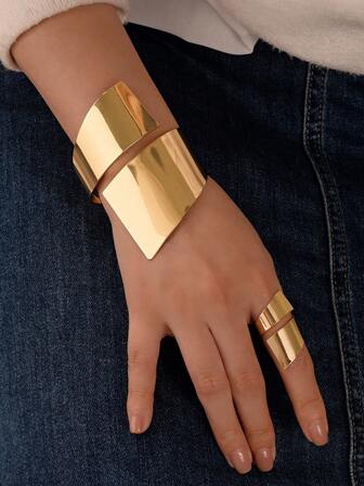 2 件套夸张时尚金属手链和戒指套装，简约几何开口手镯和指环，派对黄金首饰配饰