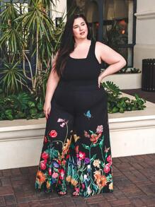 Truni VCAY Plus Size Floral Print Wide Leg Casual Holiday Pants Vacation Vacation Outfits Woman Summer Outfits For Women Spring Outfits For Women Teacher Outfits For Women Beach Vacation Outfits Tropical Vacation Woman Clothes