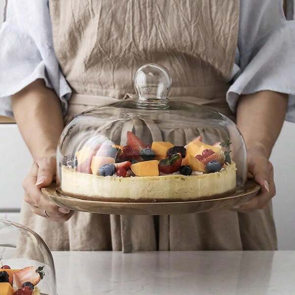 Acacia Wood Round Tray Fruit & Cake Platter With Cover, Japanese Style Plate (1pc)
