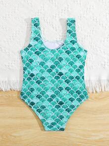 少女卡通美人鱼印花吊带连体泳衣 - 彩色 - 查看 6