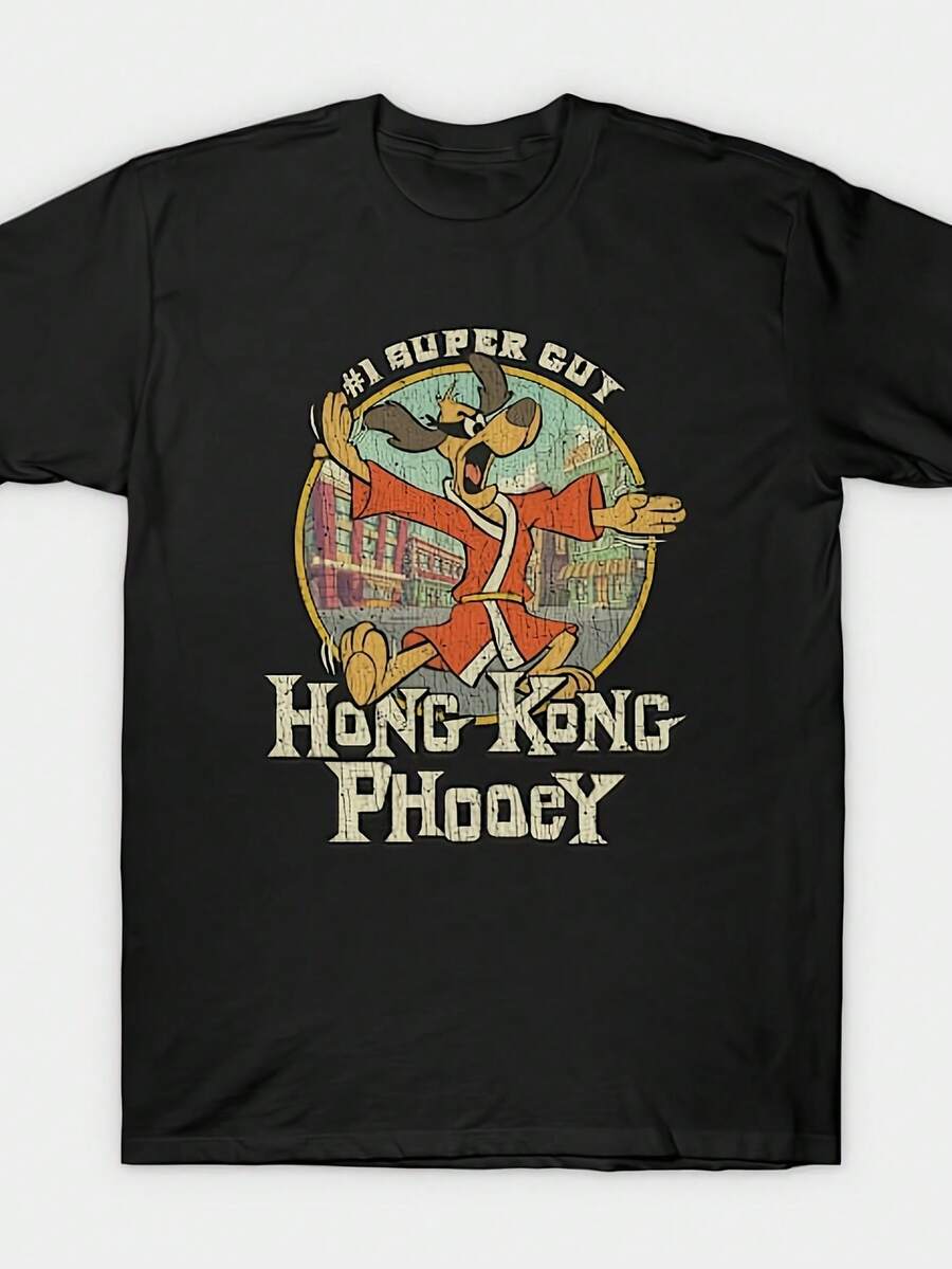 Camiseta gráfica retro de Hong Phooey 1974 para hombres - Diseño vintage de artes marciales de Hong Phooey. Camiseta de cuello redondo de manga corta en negro brillante. Camiseta Casual de Corte Regular para Todas las Estaciones. Lavable aáquina. Camisa de Ropa Casual Ropa Temática de Kung Fu Camisa Lavable aáquina - Negro - Ver 1