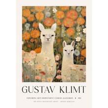 Peinture sur canevas de style poster rétro avec des motifs de fleurs nordiques, d'animaux comme le paon, le lama, le tigre royal du Bengale et le lion, selon le style de Gustav Klimt. Décoration murale pour la maison, cadeau avec option de cadre