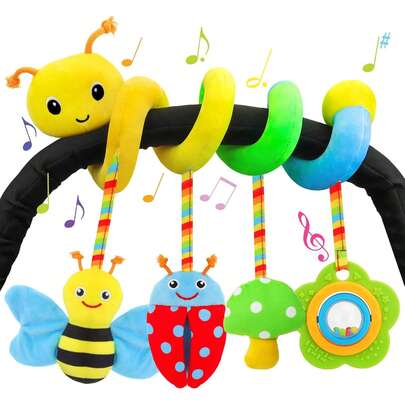 1 件带铃铛的柔软毛绒悬挂摇铃玩具，螺旋形汽车座椅和婴儿车活动玩具，适合 0-6 个月婴儿的汽车座椅玩具，适合 0 岁以上儿童