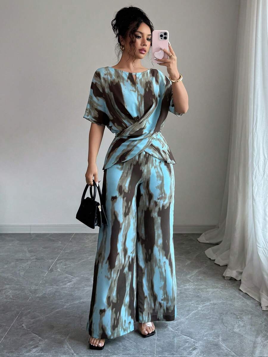 2 Pieces Casual & Elegant Random Print Short Sleeve Shirt & Long Pants Suit, Suitable For Home And Office, Summer - Blue - View 1