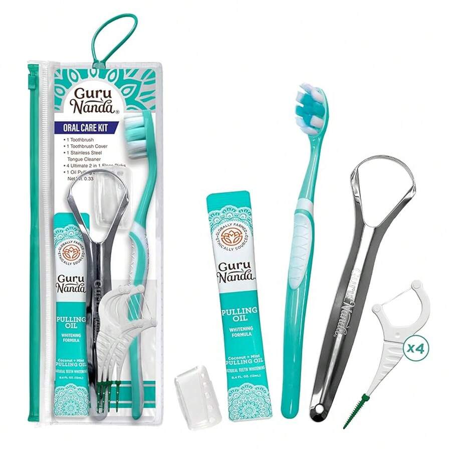 GuruNanda Travel-Friendly Oral Care Kit- 1 Butter On Gums Toothbrush, 1 Tongue Scraper, 4 Dual-Action Floss Picks, 1 Coconut & Mint Oil Pulling Sachetpuh1dian - 綠色 - 查看 1